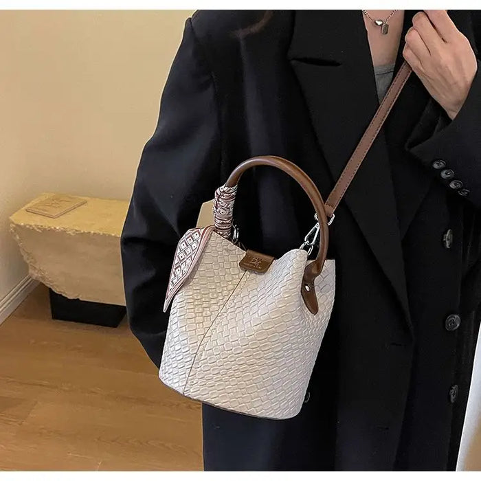 PU Leather Knitted Bucket Bag – Soft Casual Messenger Handbag for Women - Samanta Factory