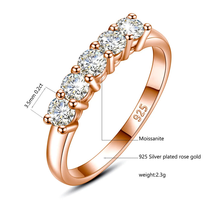5-Stone Moissanite Engagement Ring –  Sterling Silver with Rose Gold Plating