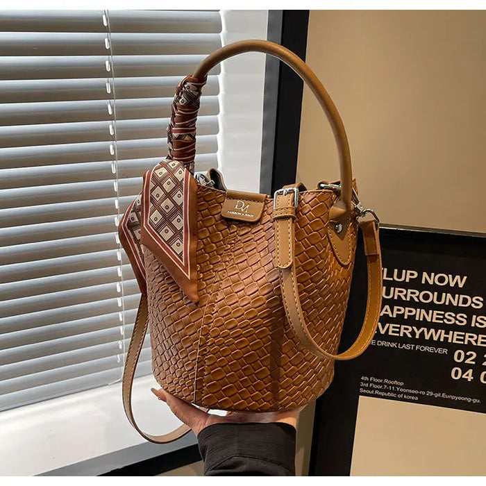 PU Leather Knitted Bucket Bag – Soft Casual Messenger Handbag for Women - Samanta Factory