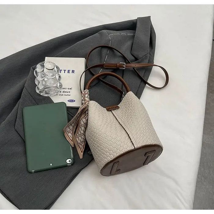 PU Leather Knitted Bucket Bag – Soft Casual Messenger Handbag for Women - Samanta Factory