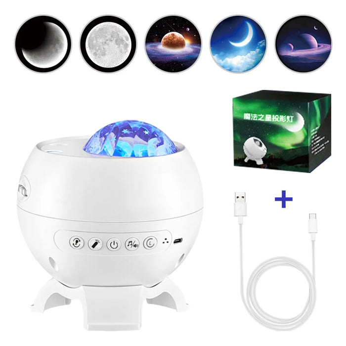 Galaxy Light Projector – 360° Dream Aurora Star & Moon Lamp with Bluetooth, White Noise & Rechargeable Battery