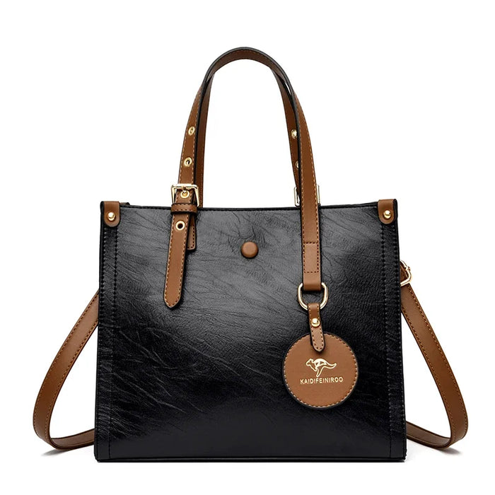 Women’s Leather Handbag – Vintage Casual Tote with Zipper & Hasp Closure - Samanta Factory