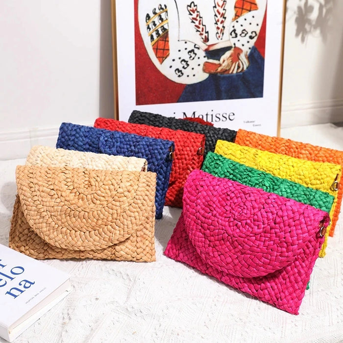Boho Straw Flap Bag for Women – Hard Shell Woven Handbag for Summer Outings