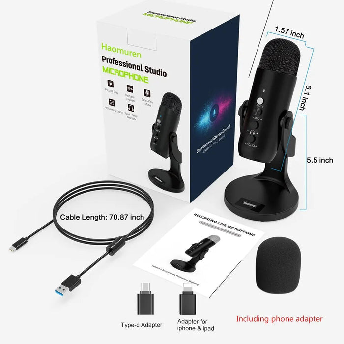 USB Condenser Microphone Kit – Cardioid with DSP Noise Cancellation & Plug-and-Play Setup SF