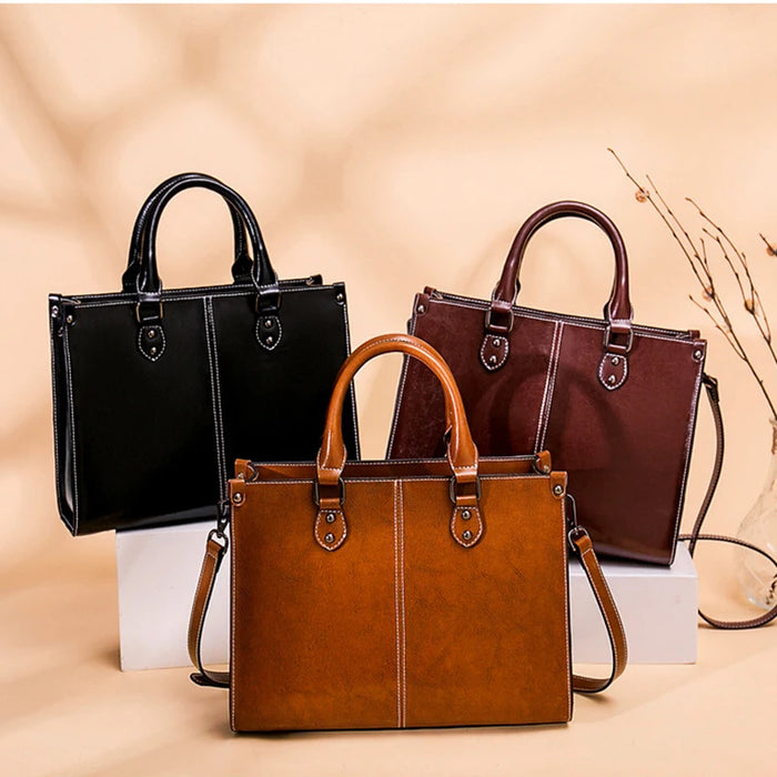 Women’s Leather Tote Bag – Fashion Box-Shape Handbag