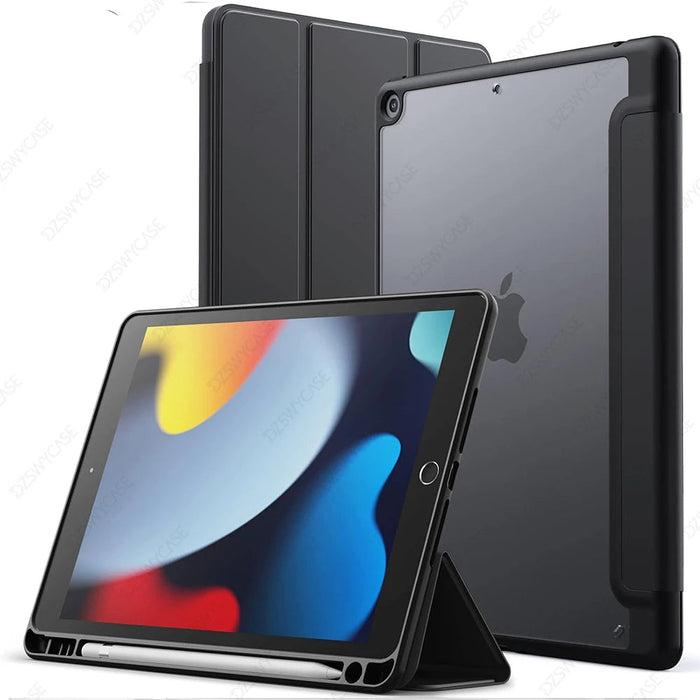 Hybrid slim clear transparent back iPad 10.2 inch case with built-in pencil holder trifold stand auto sleep wake function for iPad 7th 8th 9th generation 2019 2020 2021