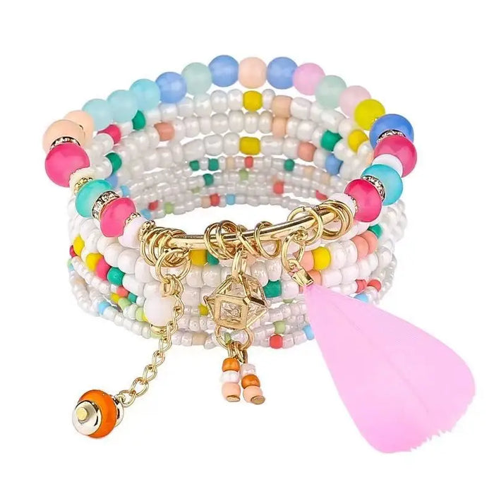 Bohemian Bracelet Set – Stackable Beaded Bangles with Crystals & Pearls for Everyday Wear