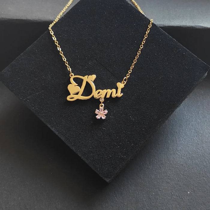 Personalized stainless steel name necklace with zircon peach blossom pendant for women and men