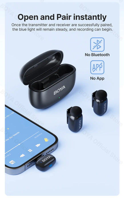 BOYA Mini Wireless Microphone – 2.4GHz Lavalier Mic with Charging Case for iPhone & Android
