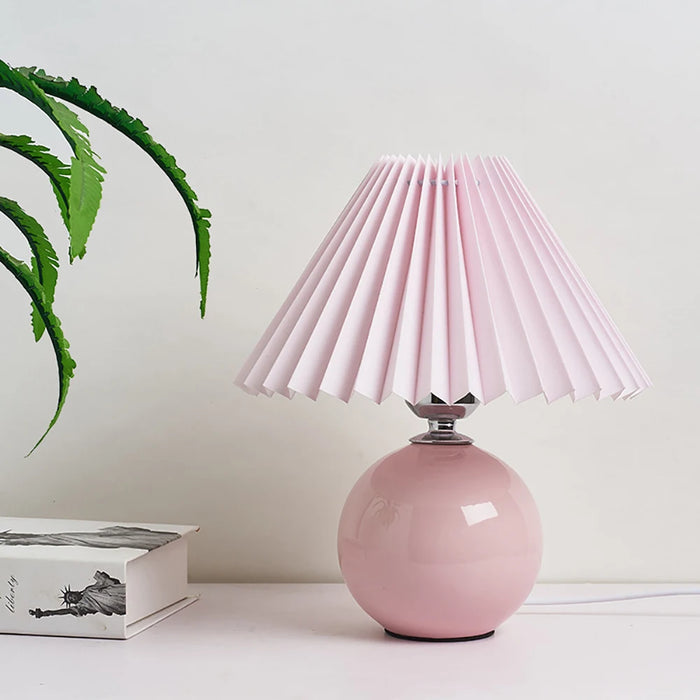 Korean Vintage Table Lamp with Pleated Fabric Shade and Ceramic Base – Bedroom Night Light with LED E27 Tricolored Bulb
