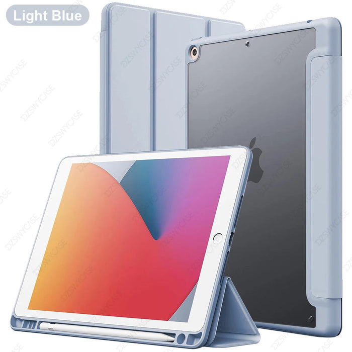 iPad 10.2" Case with Pencil Holder – Trifold Stand Clear Back Auto Sleep/Wake Cover SF