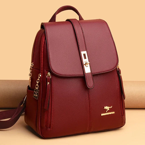 Women’s Microfiber Synthetic Leather Backpack with embossed letter decoration, ergonomic arcuate shoulder straps, and soft handle for comfort and style.