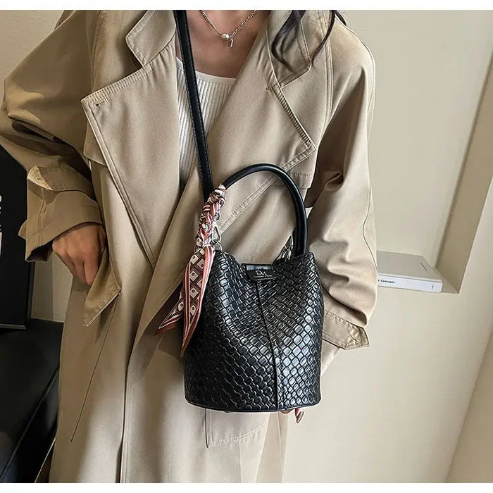 PU Leather Knitted Bucket Bag – Soft Casual Messenger Handbag for Women - Samanta Factory