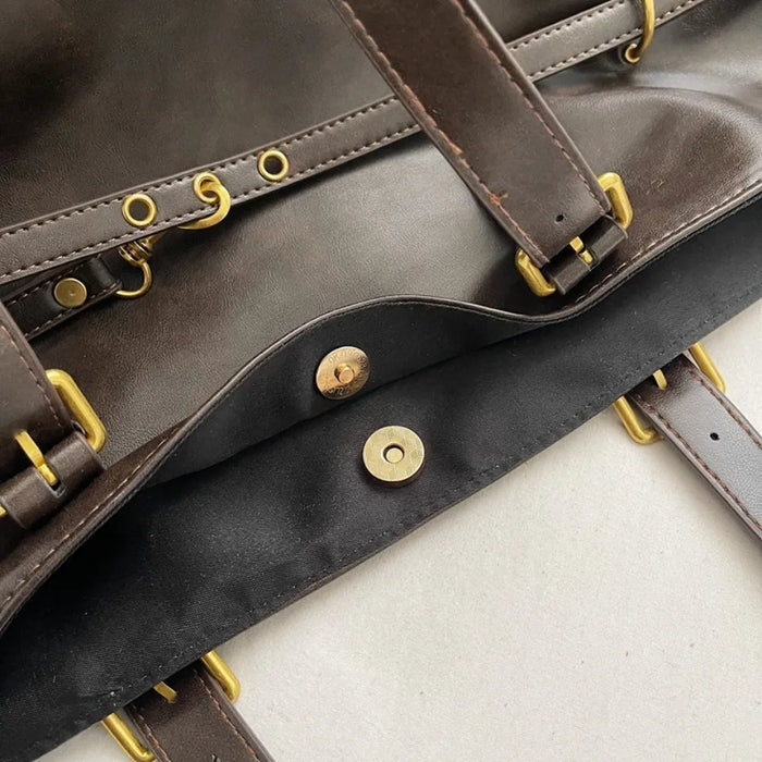 Vintage PU Leather Shoulder Tote – Soft Casual Bag with Lock Closure - Samanta Factory
