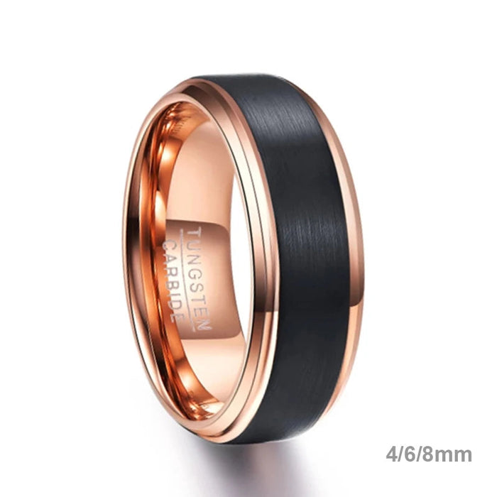 Brushed black tungsten wedding band with rose gold interior and engraving option