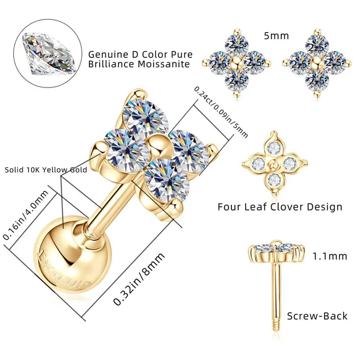 Moissanite Stud Earrings – 10k Gold Four-Leaf Clover Design