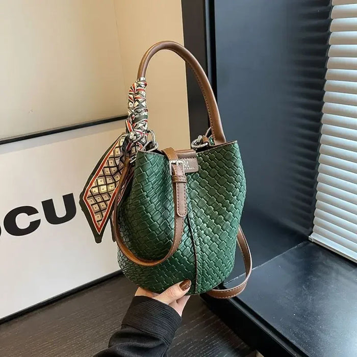 PU Leather Knitted Bucket Bag – Soft Casual Messenger Handbag for Women - Samanta Factory