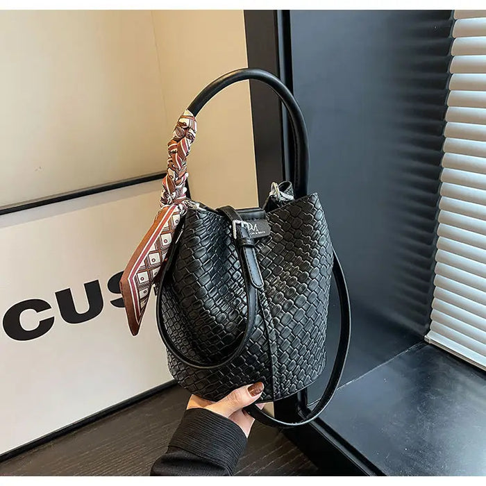 PU Leather Knitted Bucket Bag – Soft Casual Messenger Handbag for Women - Samanta Factory