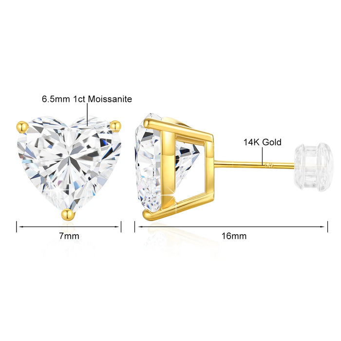 14K Gold Heart-Shaped Moissanite Stud Earrings – 1CT–3CT VVS1 AU585 Certified