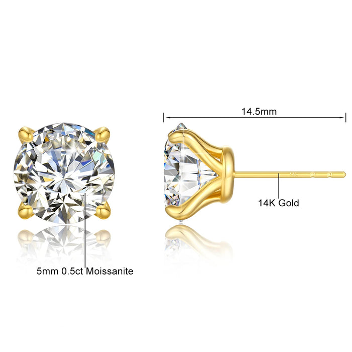 VVS1 round-cut moissanite stud earrings in 14K yellow gold with GRA and AU585 certification
