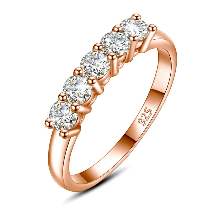 5-Stone Moissanite Engagement Ring –  Sterling Silver with Rose Gold Plating