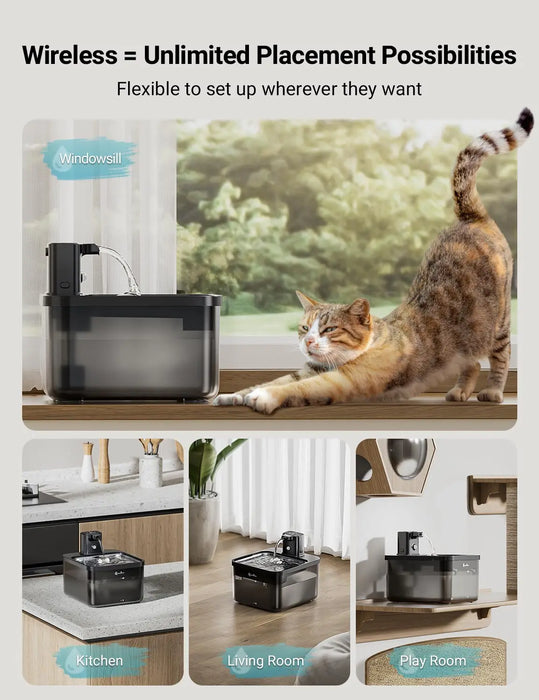 Wireless Cat Water Fountain – Battery-Operated with Motion Sensor & 5-Level Filtration