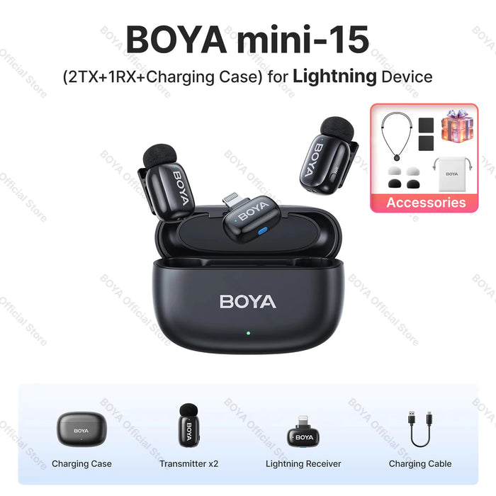 BOYA Mini Wireless Microphone – 2.4GHz Lavalier Mic with Charging Case for iPhone & Android