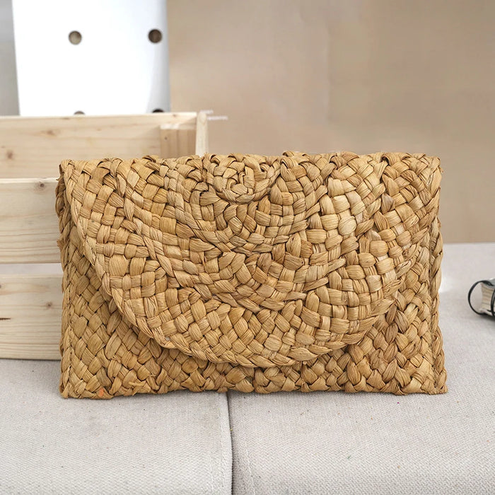 Boho Straw Flap Bag for Women – Hard Shell Summer Handbag with Cover Closure