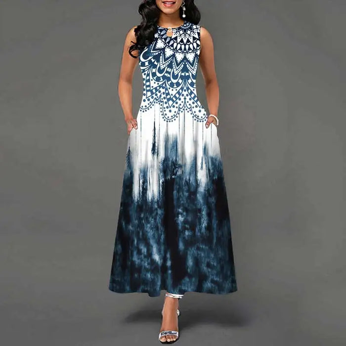 Bohemian Maxi Dress – Sleeveless Floral Print with Loose Swing Silhouette