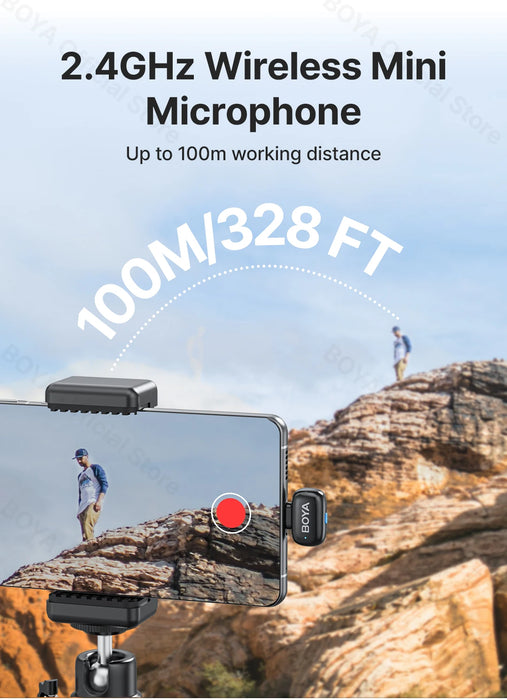 BOYA Mini Wireless Microphone – 2.4GHz Lavalier Mic with Charging Case for iPhone & Android