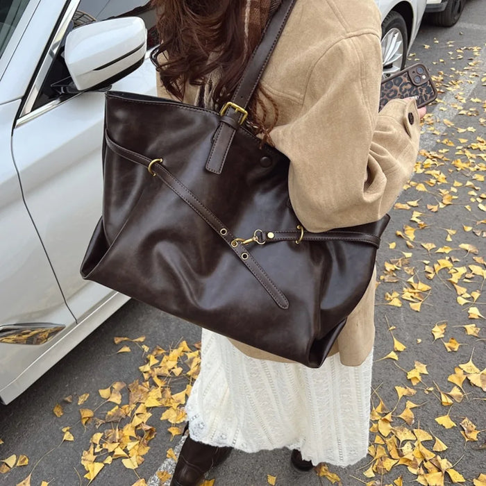 Vintage PU Leather Shoulder Tote – Soft Casual Bag with Lock Closure - Samanta Factory