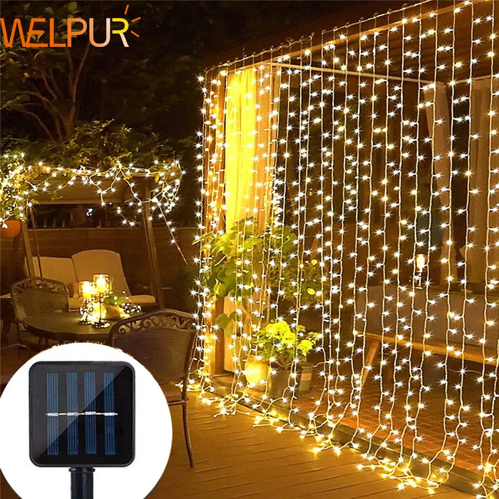 Solar-powered LED curtain lights in multicolor with IP65 waterproof design and remote control for outdoor holiday decoration