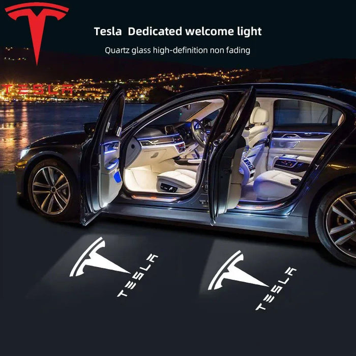 Tesla Model 3 car door projector welcome light glowing and close-up of 3D Tesla sticker on car body