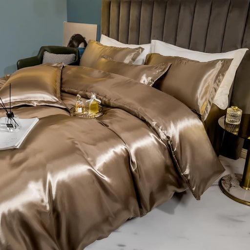 Rayon bedding set with duvet cover, bed sheet, and pillowcases in solid color, soft 250gsm fabric for all-season comfort.
