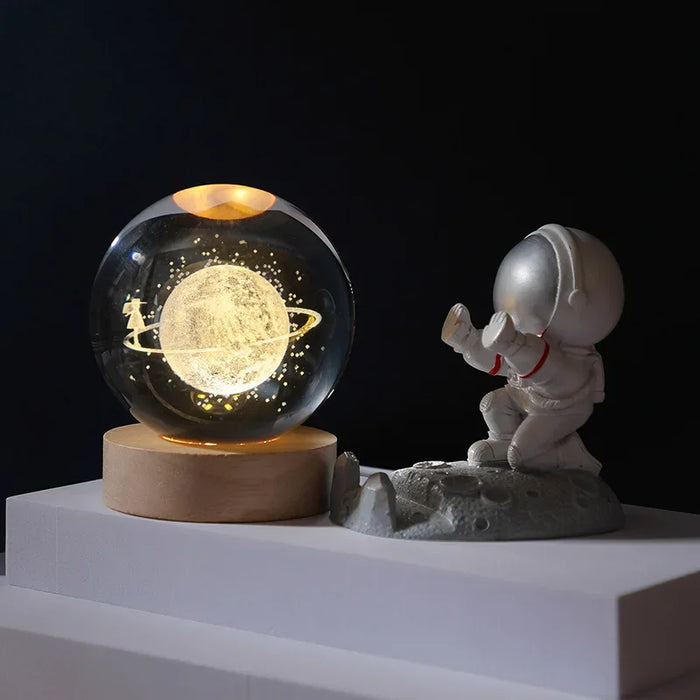 3D Crystal Solar System Night Light – Laser-Engraved Planet Globe with Wooden Base