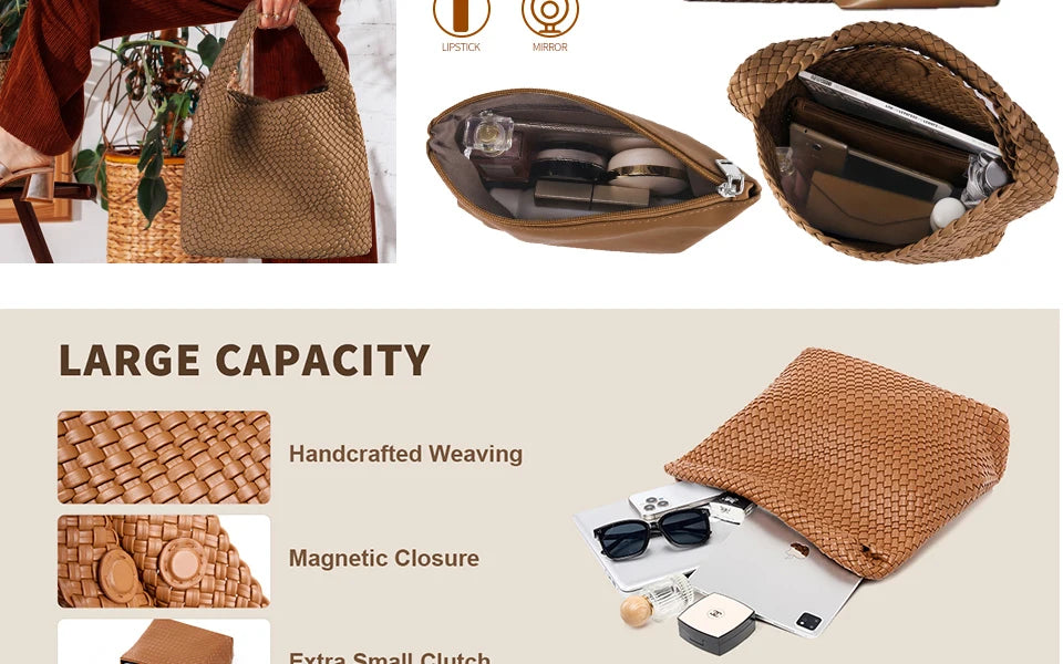 Woven Tote Bag  with Purse for Women – Large Soft Leather Shoulder Bag for Work, Beach & Travel - Samanta Factory