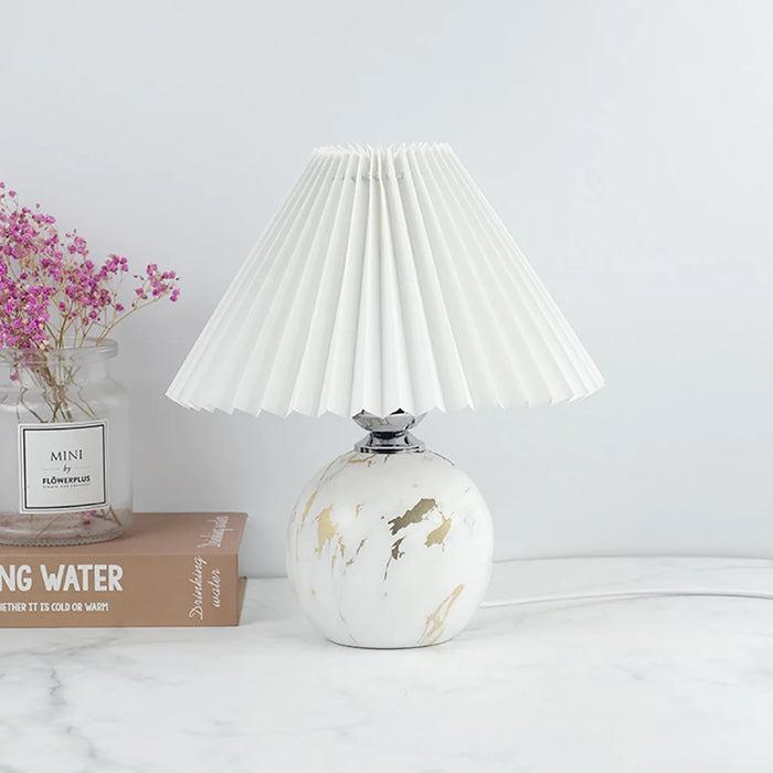 Korean Table Lamp – Vintage Pleated Fabric Shade with Ceramic Base