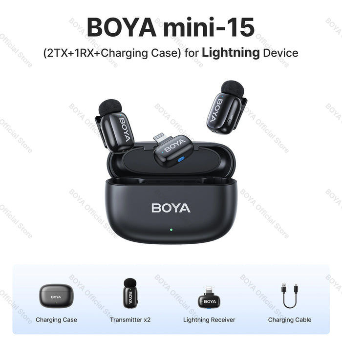 BOYA Mini Wireless Microphone – 2.4GHz Lavalier Mic with Charging Case for iPhone & Android