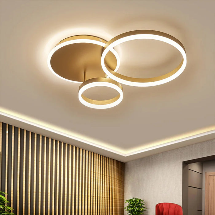 LED Ceiling Light – Modern Gold Triple-Ring Design with Remote Control