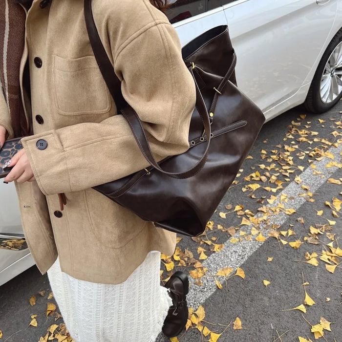 Vintage PU Leather Shoulder Tote – Soft Casual Bag with Lock Closure - Samanta Factory