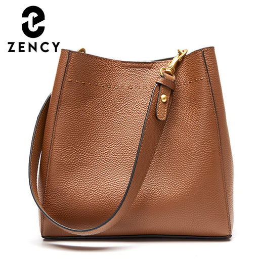  Women’s genuine leather bucket bag – soft cowhide shoulder handbag with hasp closure and multiple compartments

