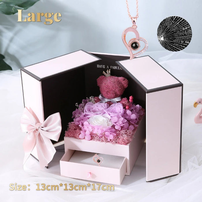 Eternal Preserved Rose Gifts – Moss Bear & Jewelry Box with “I Love You 100 Languages” Necklace - Samanta Factory