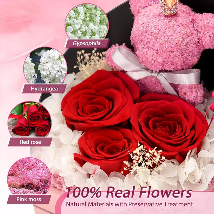 Eternal Preserved Rose Gifts – Moss Bear & Jewelry Box with “I Love You 100 Languages” Necklace - Samanta Factory
