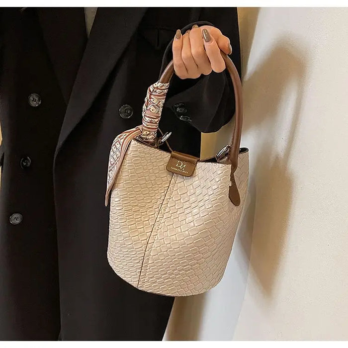 PU Leather Knitted Bucket Bag – Soft Casual Messenger Handbag for Women - Samanta Factory