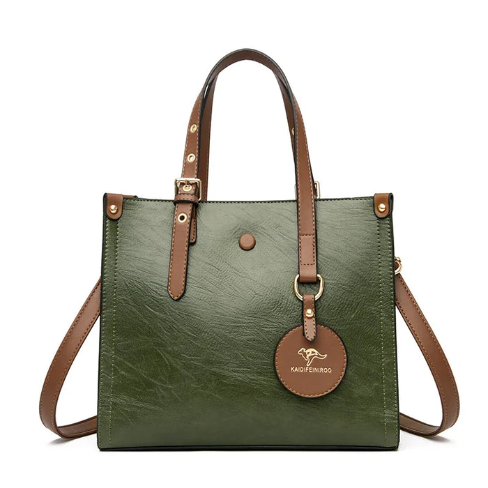 Women’s Leather Handbag – Vintage Casual Tote with Zipper & Hasp Closure - Samanta Factory