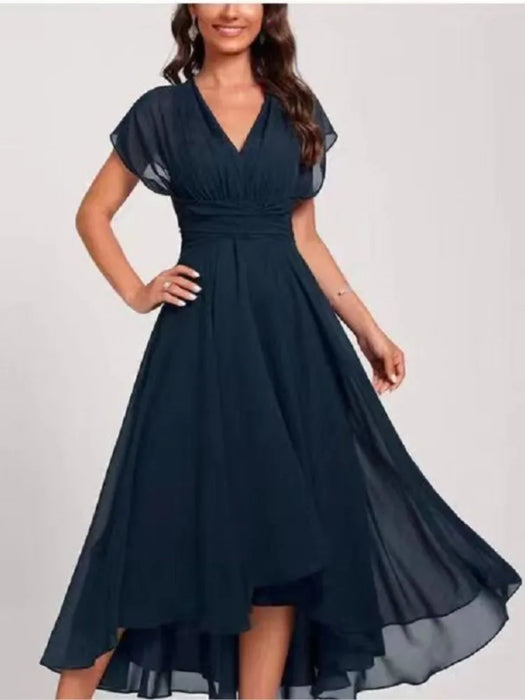 Chiffon A-Line Dress – Flowing Batwing Sleeves & Irregular Hem - Samanta Factory