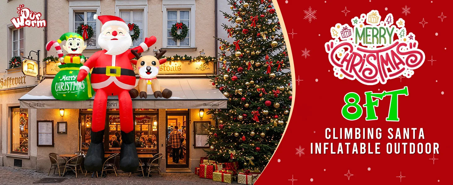 Christmas Inflatable Santa Claus – 8FT Sitting Santa with Elves & Reindeer