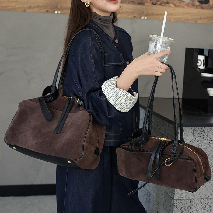 Women's Genuine Cowhide Leather Tote Bag – Large Capacity Suede Velvet Shoulder Handbag SF