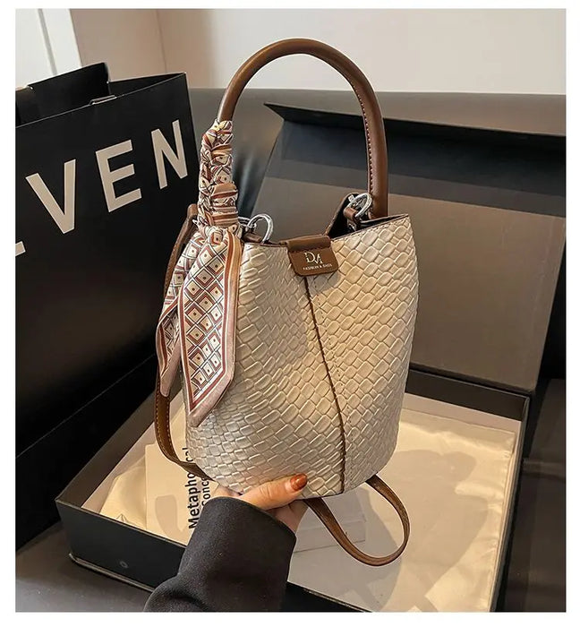 PU Leather Knitted Bucket Bag – Soft Casual Messenger Handbag for Women - Samanta Factory