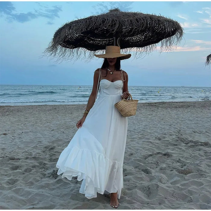 A-line Strap Long Dress – Square Neck & Backless Design